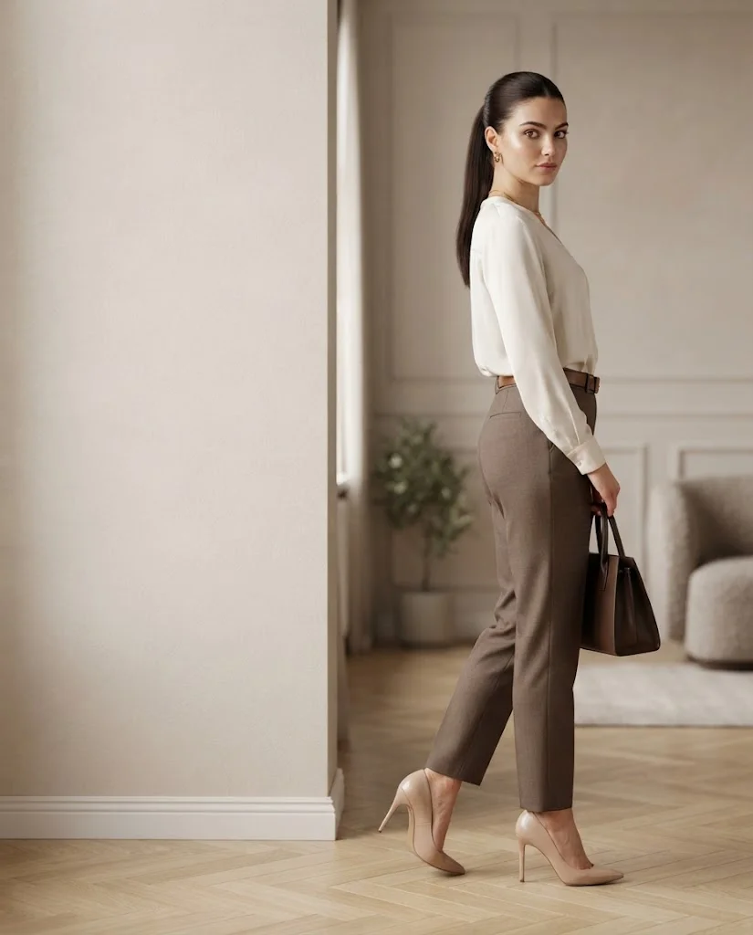 women wearing  Ivory Blouse With Brown Belt and Trousers