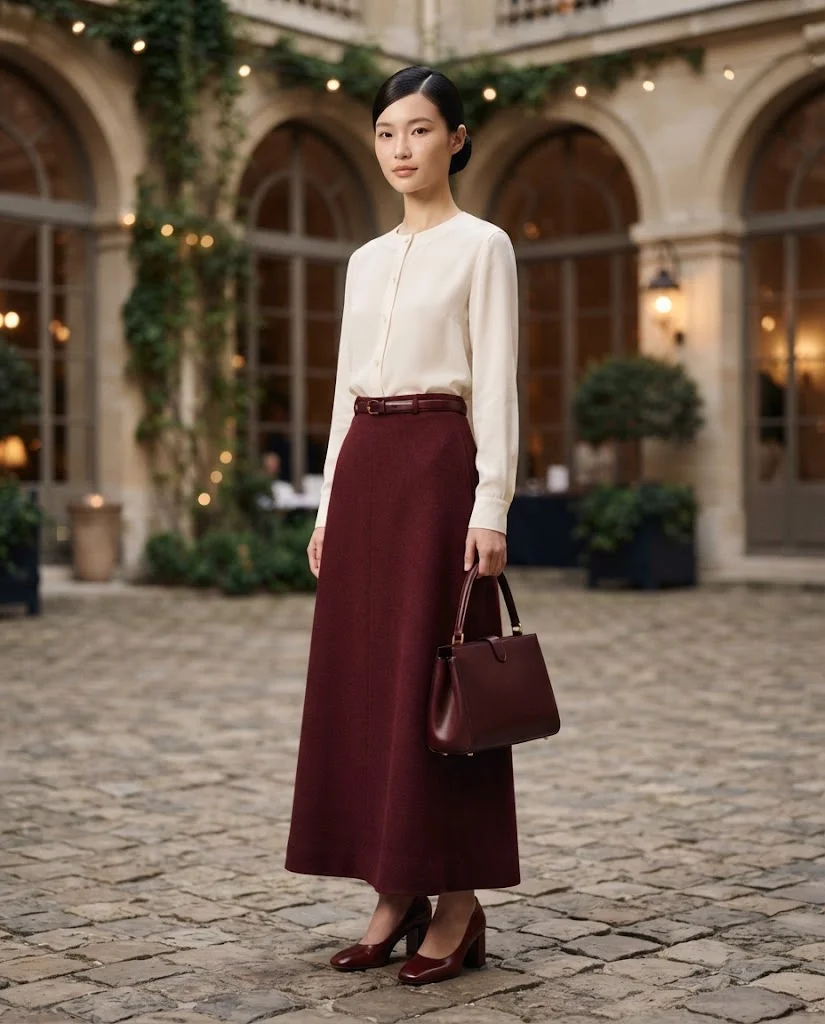 Old Money Outfits With Long Skirts: 20+ Elegant Ideas 16 woman wearing a Ivory Blouse With a Burgundy Maxi Skirt