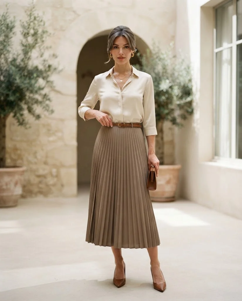Old Money Outfits With Skirt: 20+ Elegant Outfit Ideas 10 Women Wearing a Ivory Blouse and Taupe Pleated Skirt