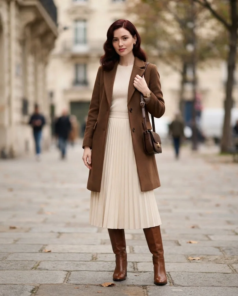 Women Wearing a Knee-High Boots With a Pleated Midi Skirt