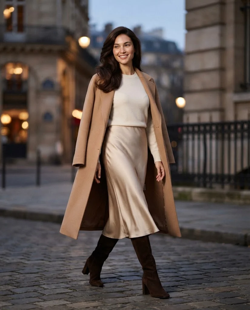 Women Wearing a Knee-High Boots With a Satin Midi Skirt