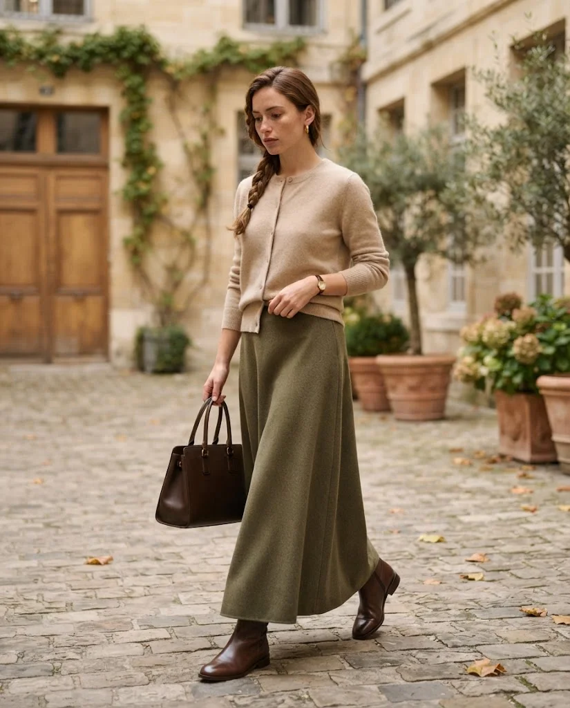 Old Money Outfits With Long Skirts: 20+ Elegant Ideas 22 woman wearing a Knit Cardigan With an Olive Long Skirt