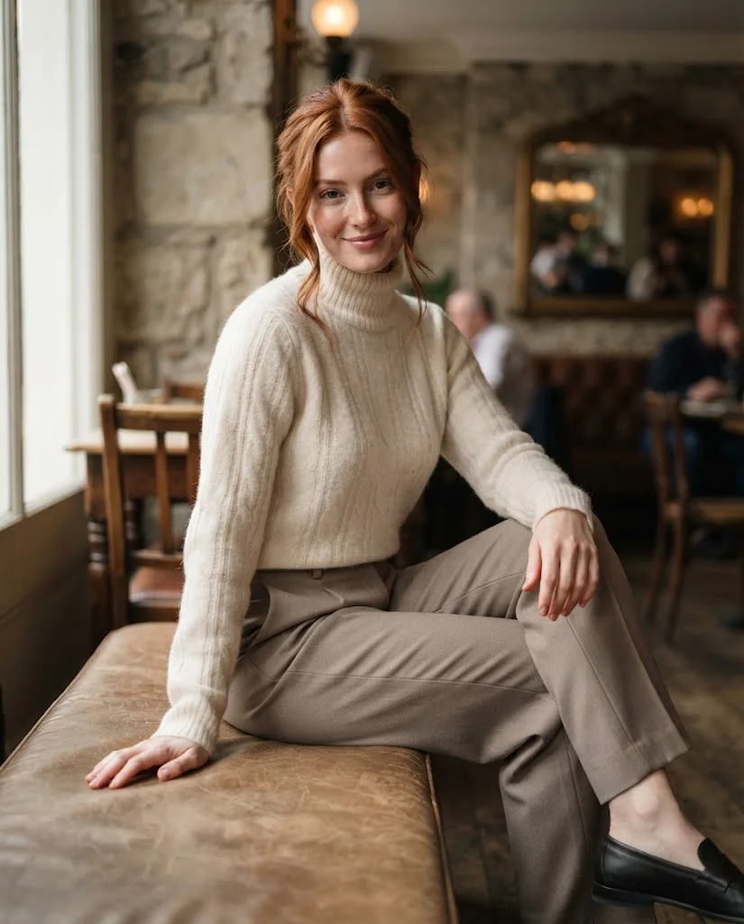 Women Wearing a Knit Sweaters and Turtlenecks With Old Money Pants