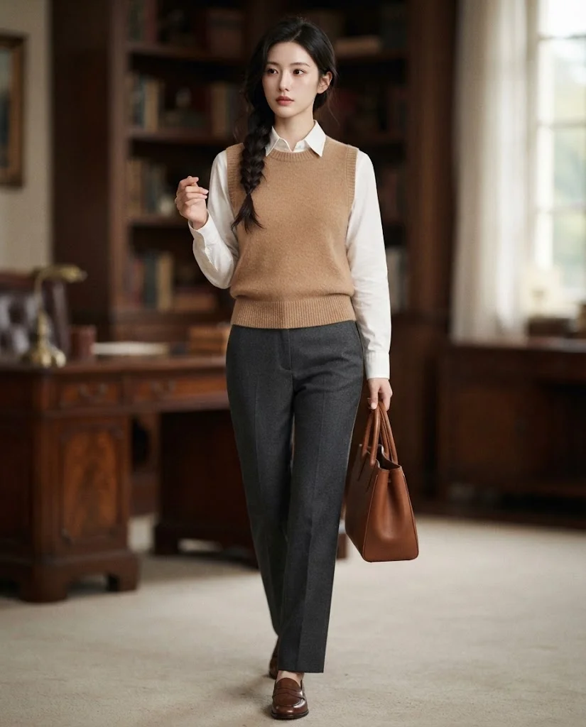Women Wearing Knit Vest With Long-Sleeve Shirt