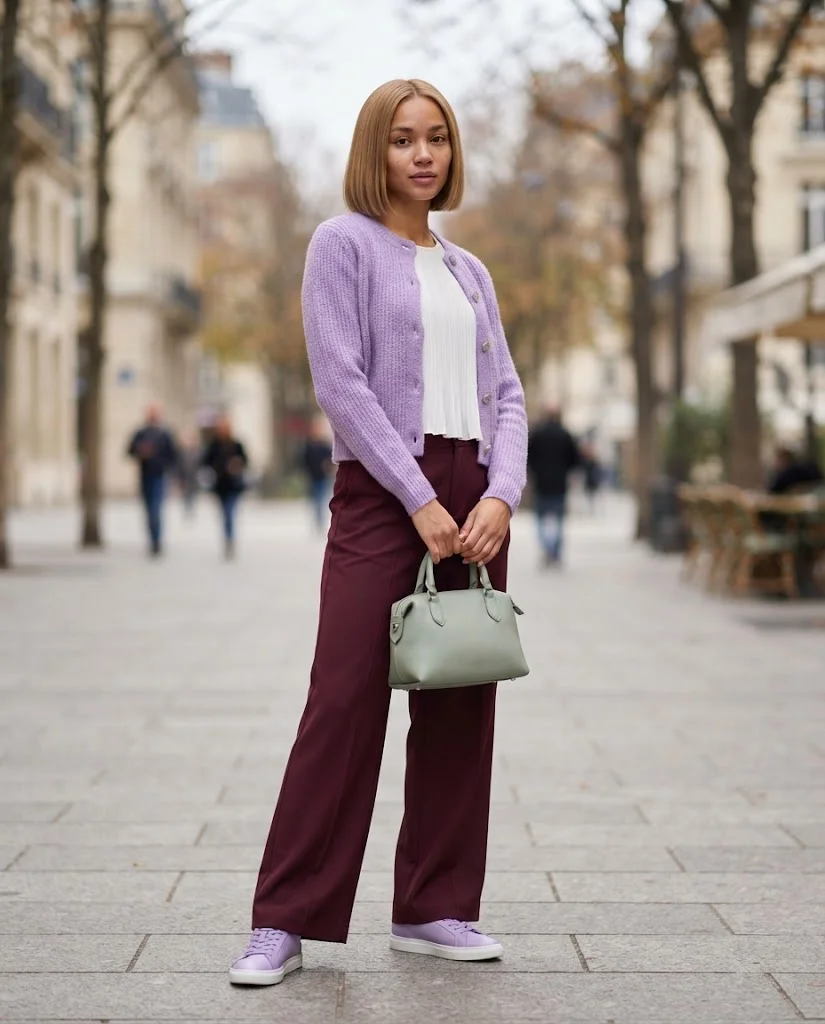 Old Money Outfits With Sneakers: 20+ Classy Outfit Ideas 20 Women Wearing a Lavender Cardigan and Burgundy Wide-Leg Trousers
