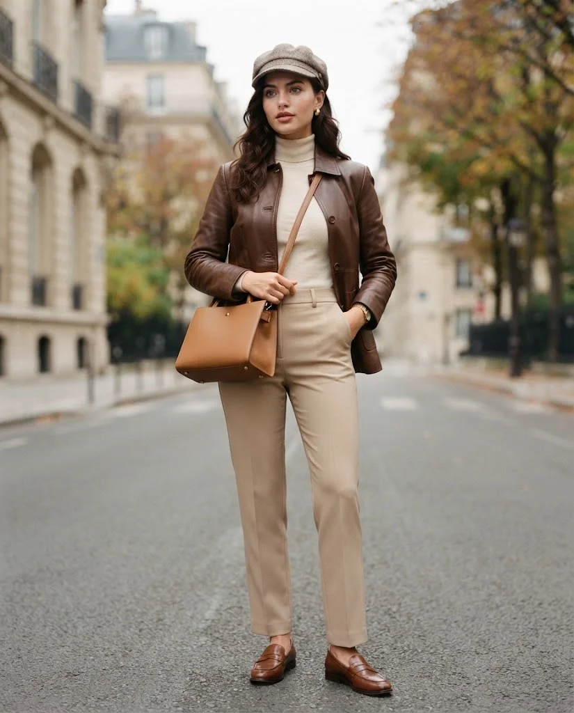 women wearing Leather Jacket With Straight-Leg Pants