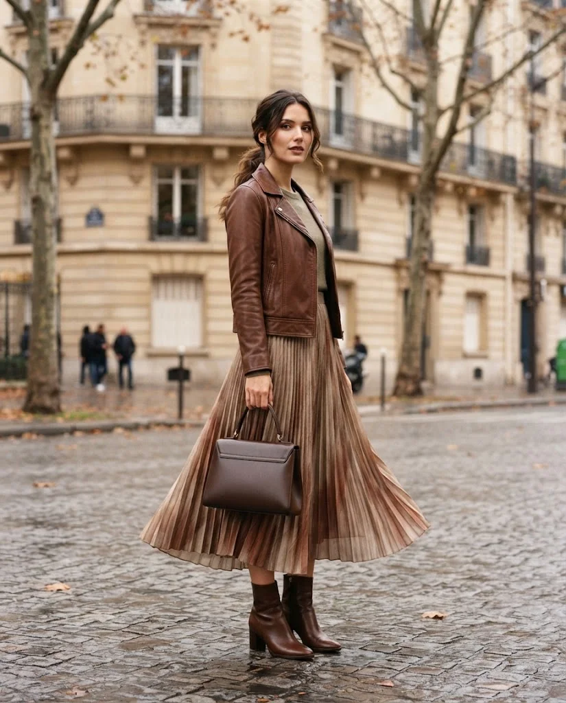 Women Wearing a Leather Jacket and Long Skirt