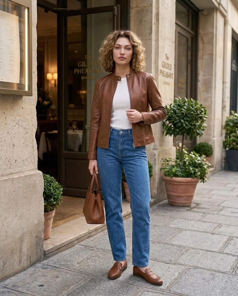 Old Money Outfits With Jeans: 20+ Polished Outfit Ideas 21 Women Wearing a Leather Jacket and Straight-Leg Jeans