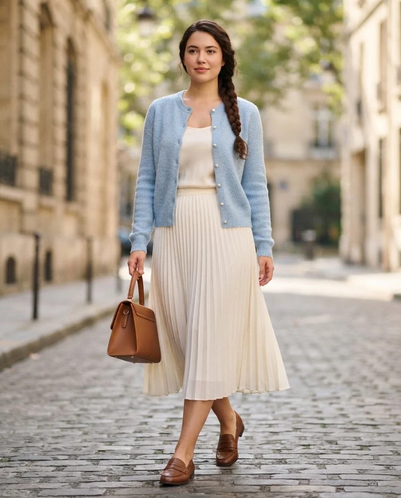 Old Money Outfits With Skirt: 20+ Elegant Outfit Ideas 11 Women Wearing a Light Blue Cardigan and Ivory Skirt