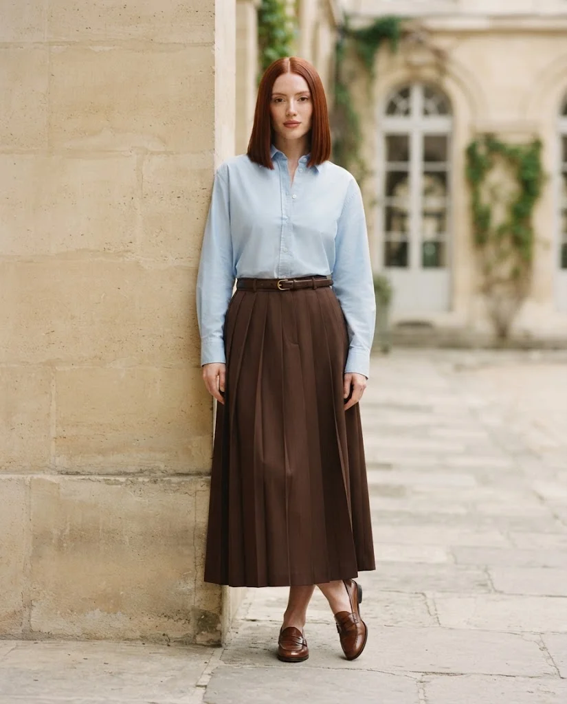 Old Money Outfits With Long Skirts: 20+ Elegant Ideas 20 woman wearing a Light Blue Shirt With a Chocolate Long Skirt
