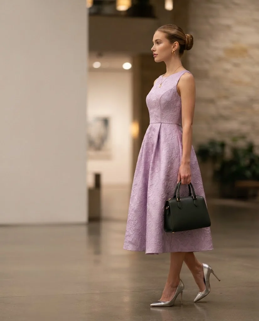 women wearing  Lilac Jacquard Midi Dress With Silver Heels