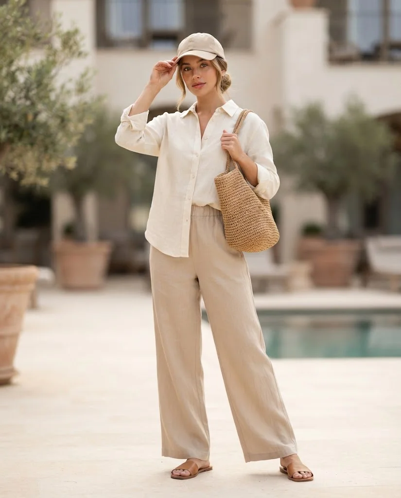 women wearing Linen Shirt With Wide-Leg Pants