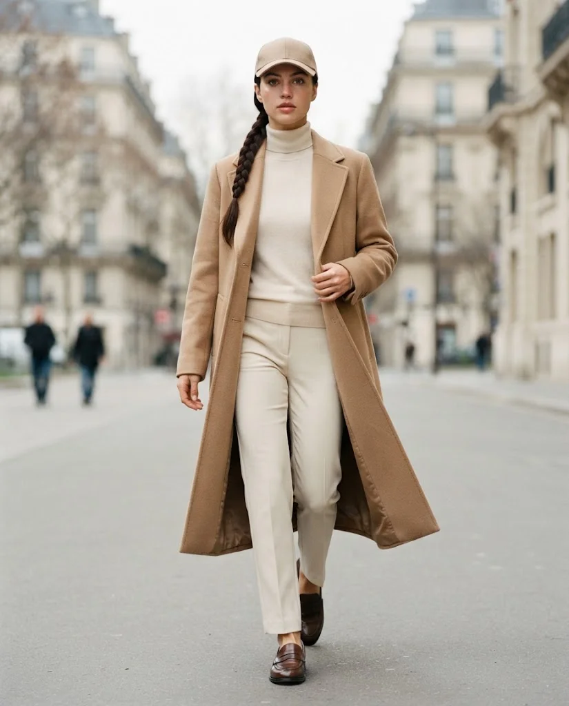 women wearing Long Coat With Cream Trousers and Cap