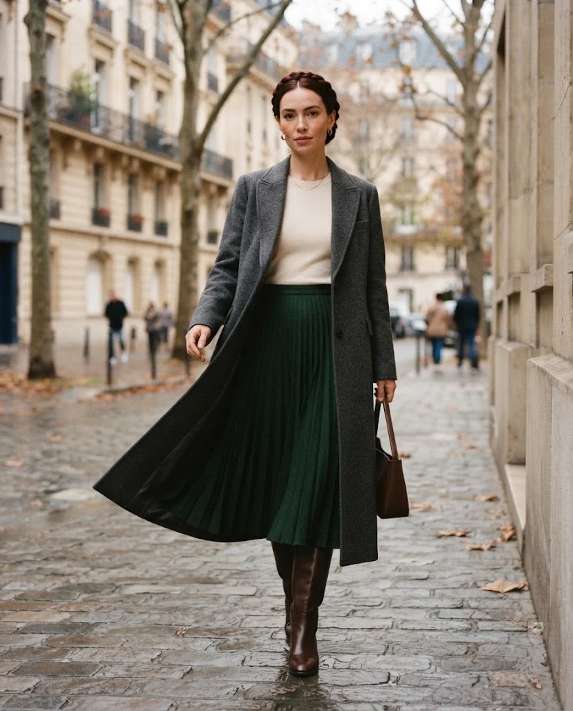 Women Wearing a Long Wool Coat and Midi Skirt