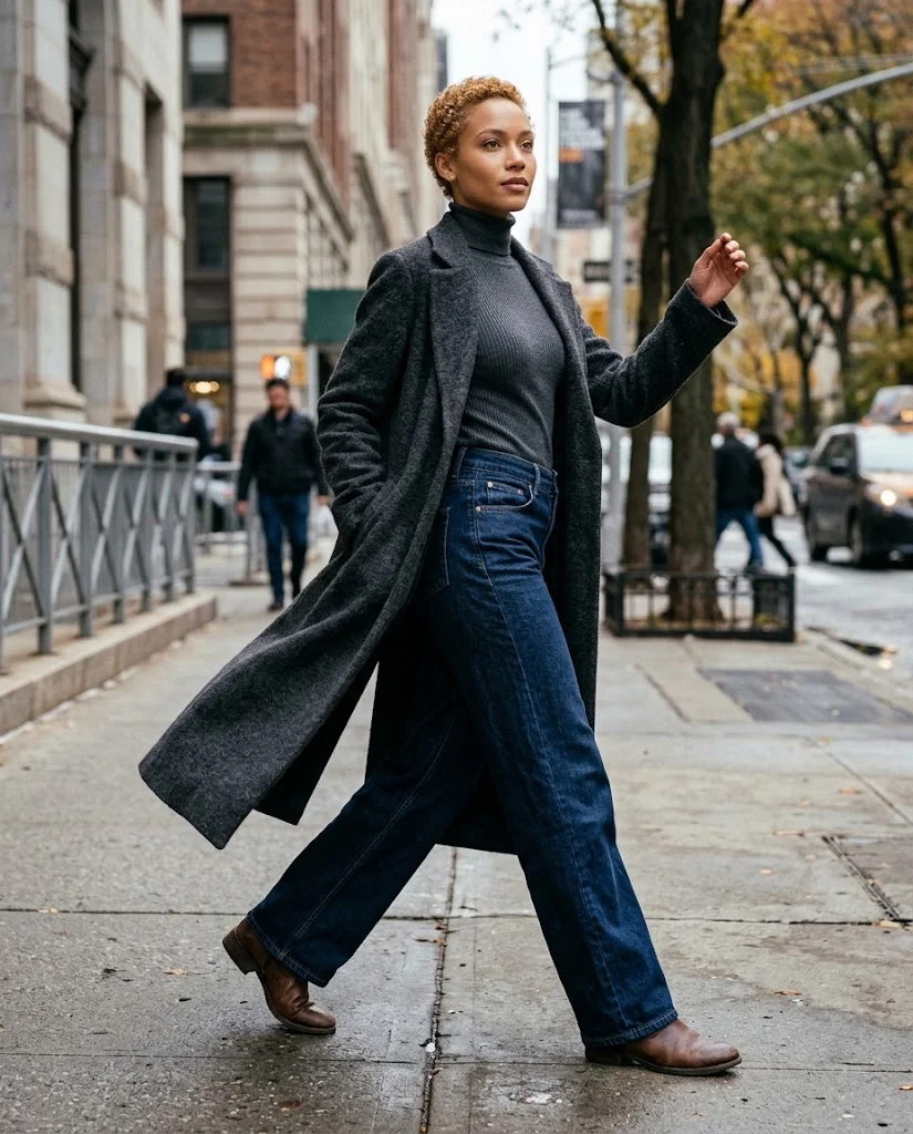 Old Money Outfits With Jeans: 20+ Polished Outfit Ideas 27 Women Wearing a Long Wool Coat and Wide-Leg Jeans