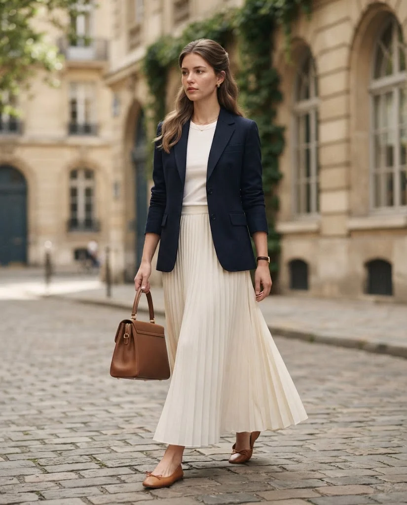 Old Money Outfits With Long Skirts: 20+ Elegant Ideas 11 woman wearing a Navy Blazer With a Cream Maxi Skirt