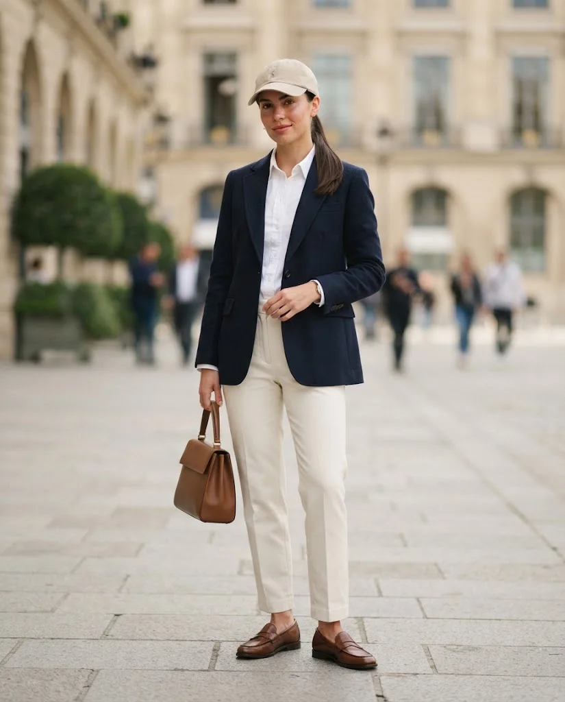 women wearing Navy Blazer With a Neutral Baseball Cap