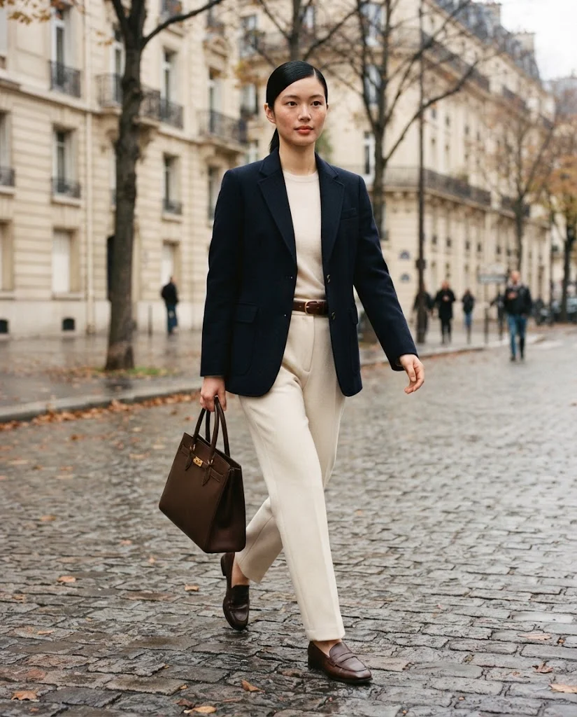 Women Wearing a Navy Blazer and Cream Trousers