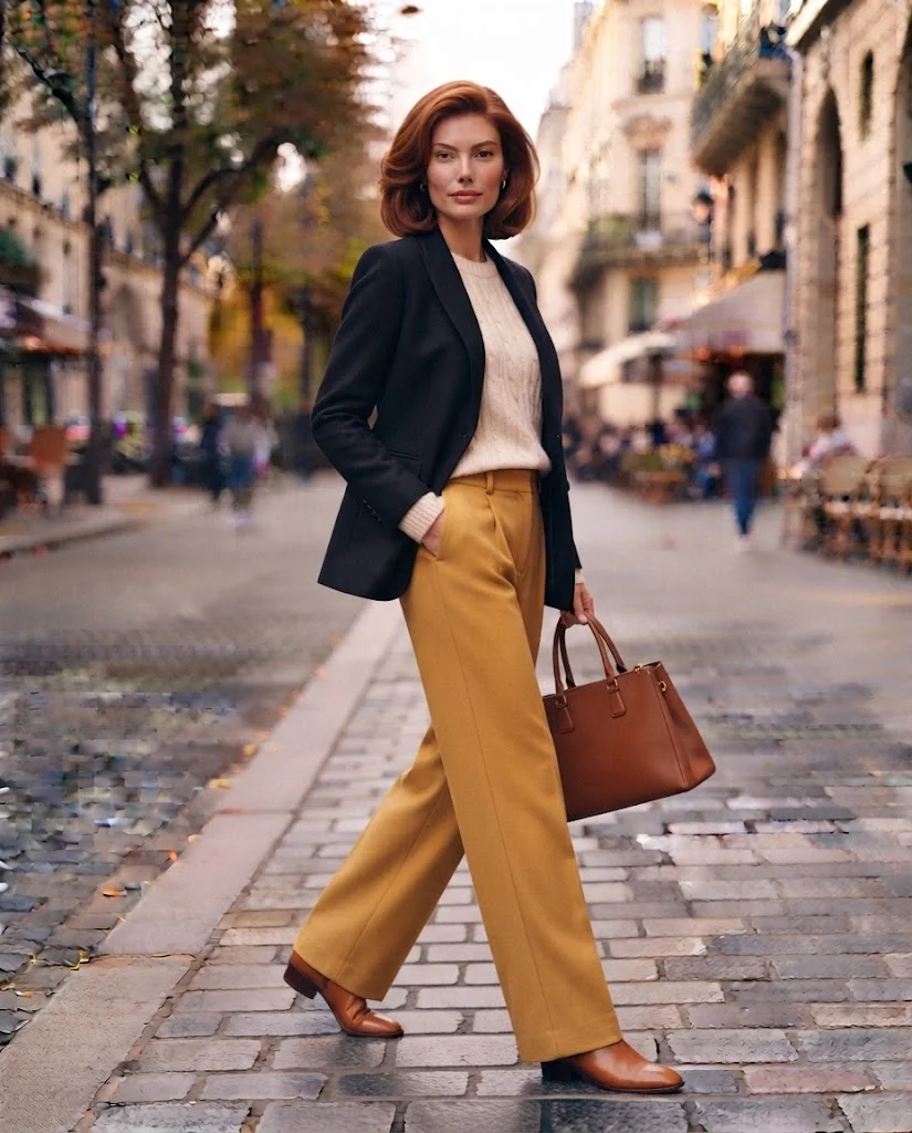 Women Wearing a Navy Blazer and Mustard Trousers