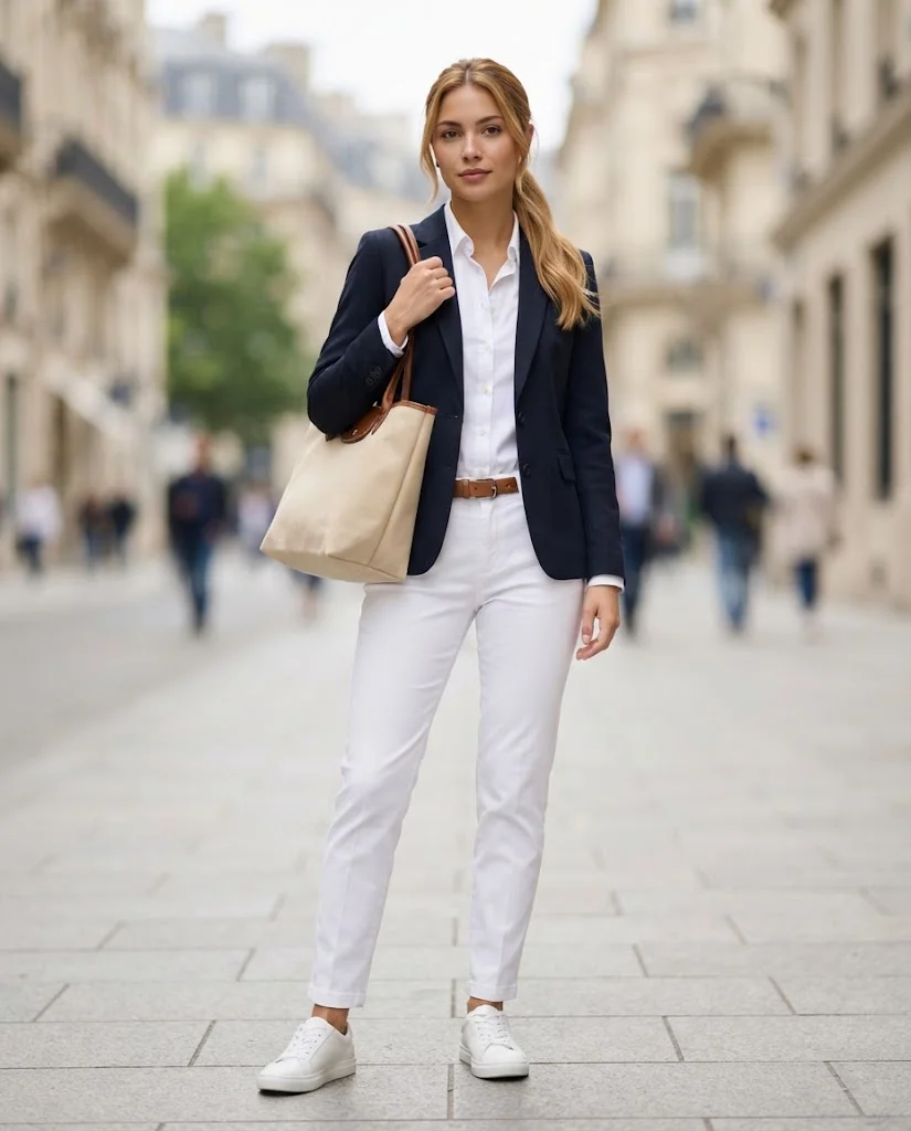 Old Money Outfits With Sneakers: 20+ Classy Outfit Ideas 10 Women Wearing a Navy Blazer and White Tailored Pants With Sneakers