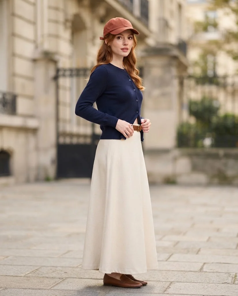 women wearing Navy Cardigan With Long Skirt