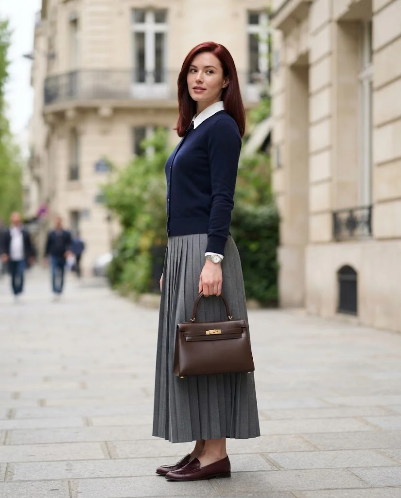 Old Money Outfits With Long Skirts: 20+ Elegant Ideas 4 woman wearing a Navy Cardigan With a Gray Pleated Skirt