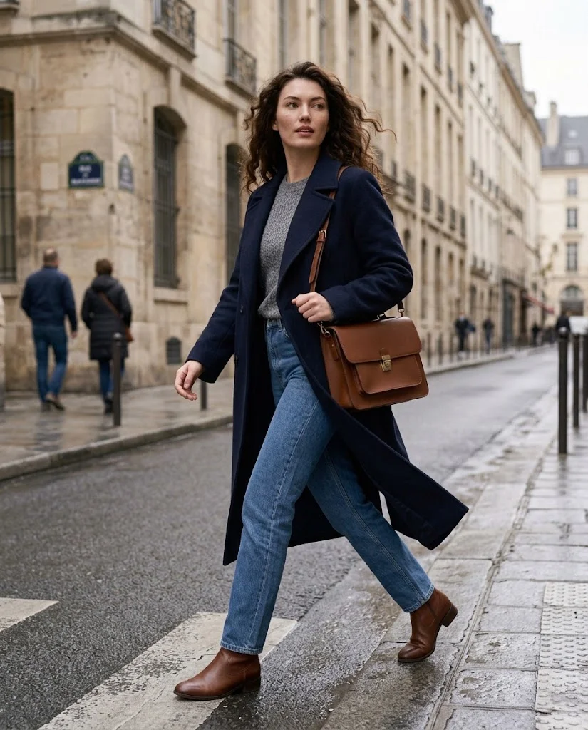 Old Money Outfits With Jeans: 20+ Polished Outfit Ideas 18 Women Wearing a Navy Coat and Straight-Leg Jeans