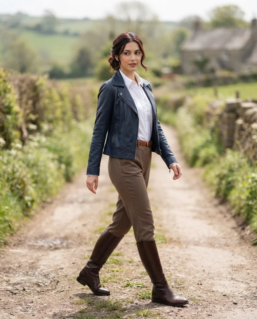 Women Wearing a Navy Leather Jacket With Brown Tailored Pants