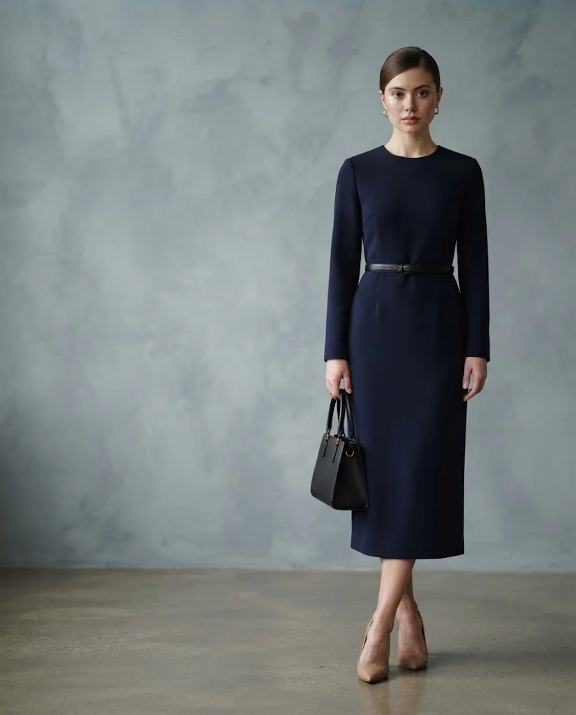 women wearing Navy Midi Dress With Classic Pumps