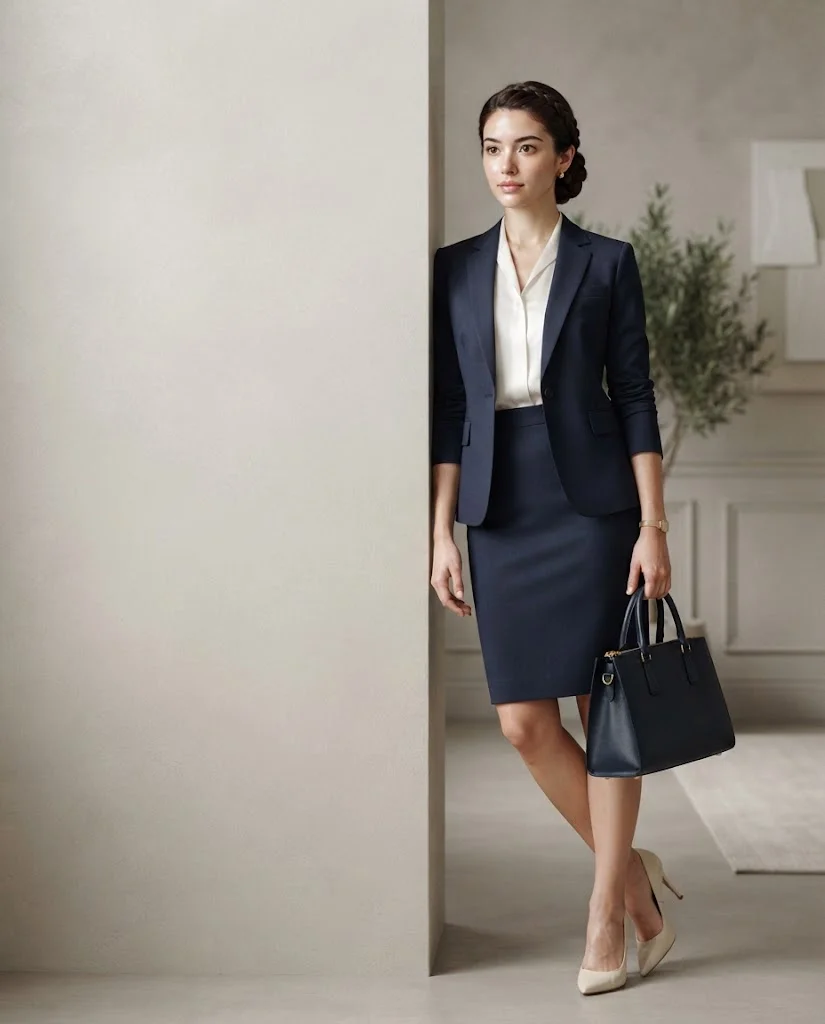 women wearing  Navy Skirt Suit With Cream Heels
