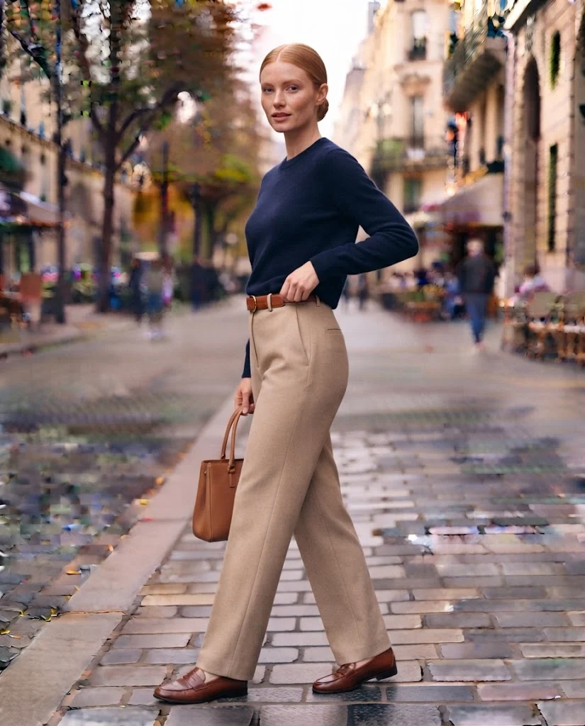 Women Wearing a Navy Sweater and Beige Trousers