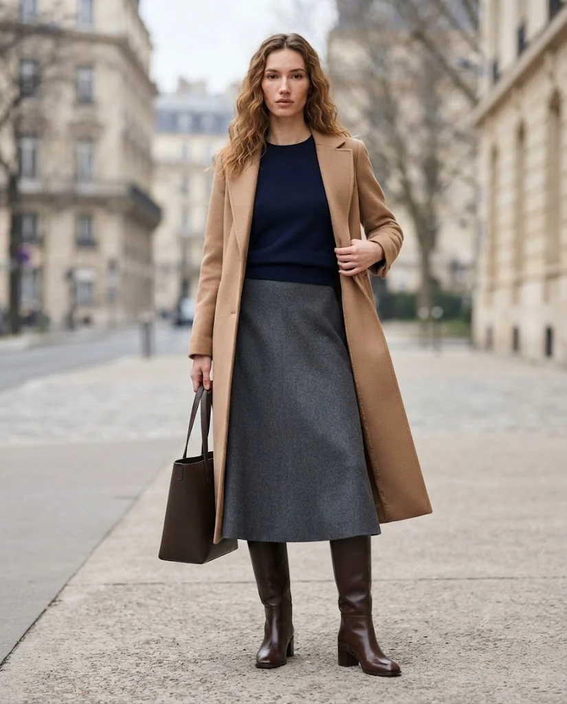 Old Money Outfits With Skirt: 20+ Elegant Outfit Ideas 23 Women Wearing a Navy Sweater and Wool Midi Skirt