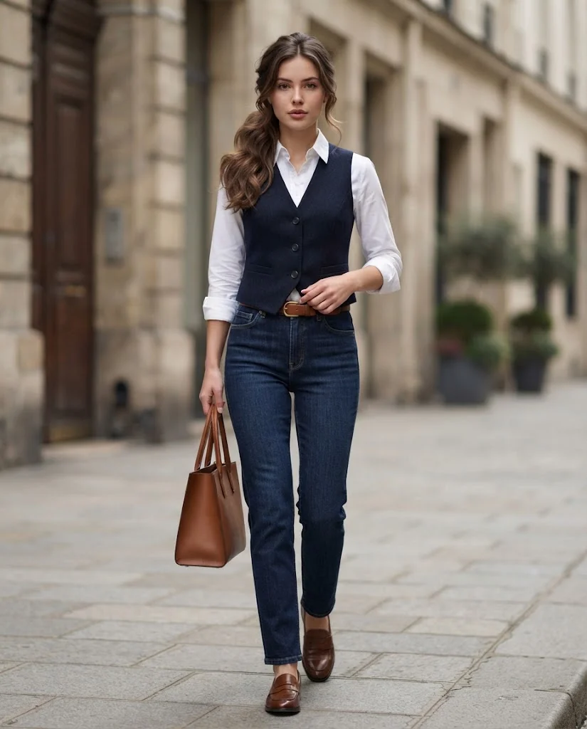 Women Wearing Navy Vest With Dark-Wash Jeans