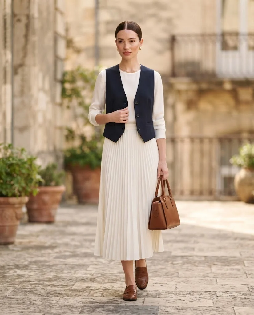 Women Wearing Navy Vest With White Midi Skirt