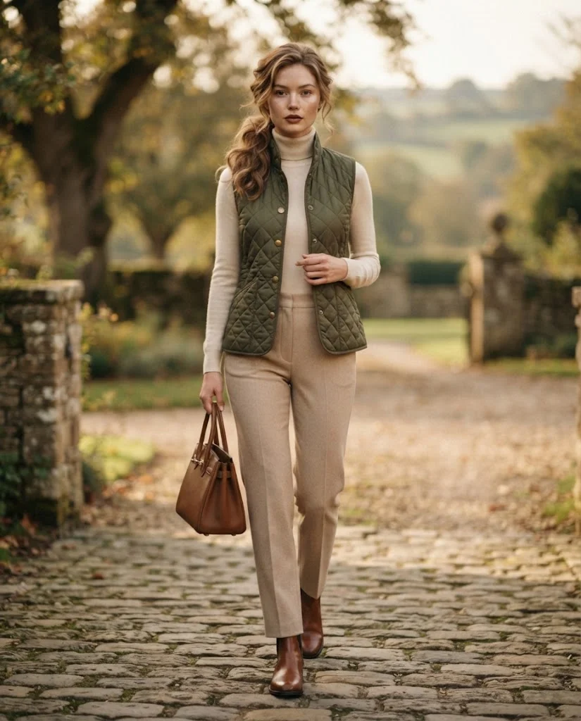 Women Wearing Olive Vest With Cream Turtleneck