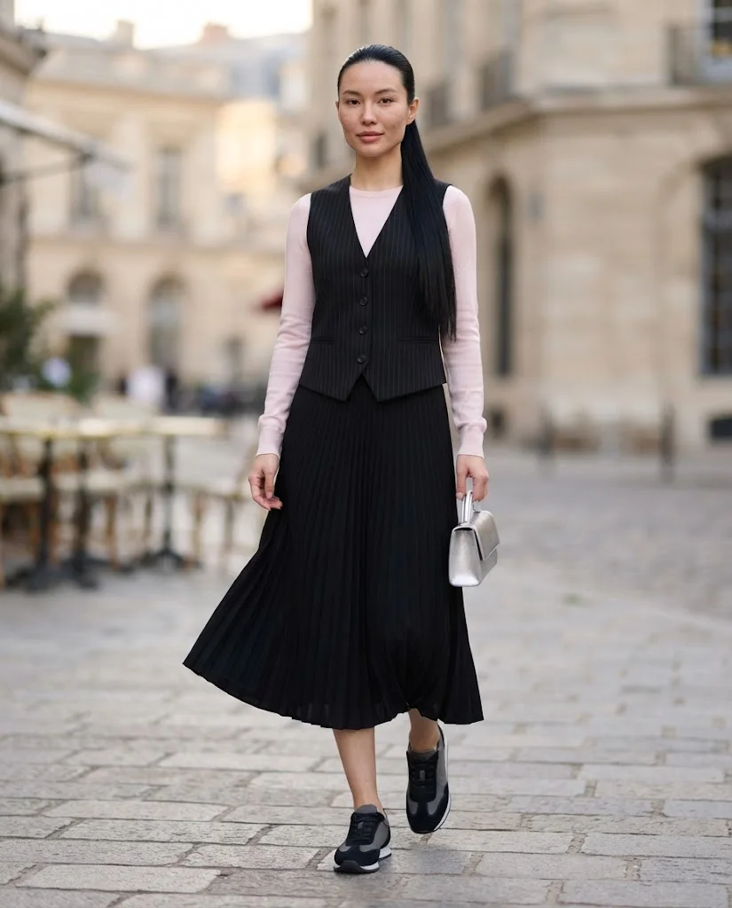 Old Money Outfits With Sneakers: 20+ Classy Outfit Ideas 21 Women Wearing a Pinstripe Vest and Long Skirt With Sneakers