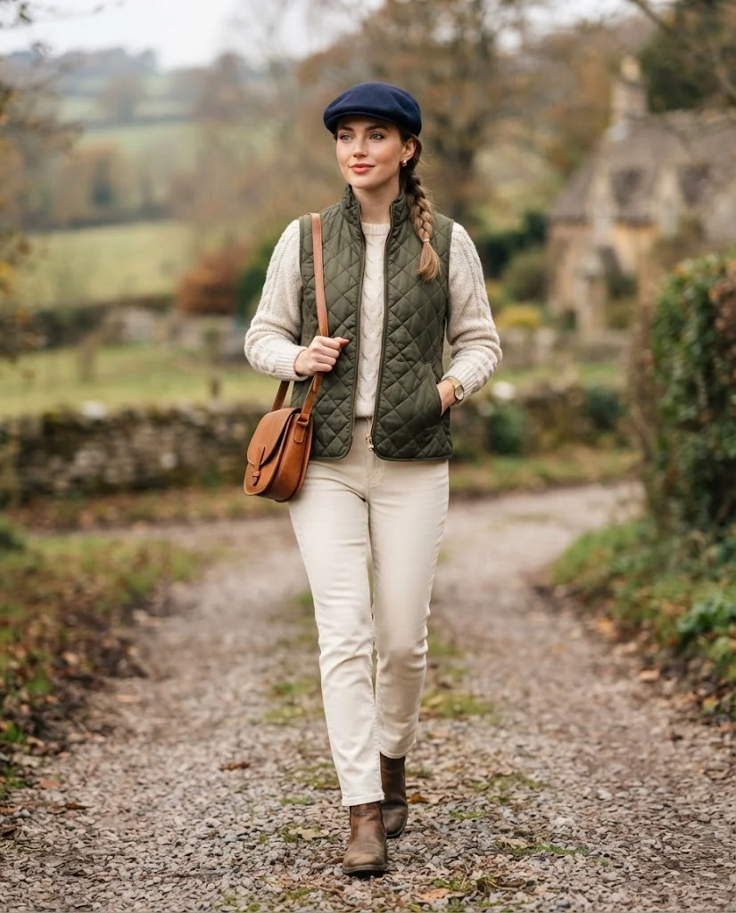women wearing Quilted Vest With Cream Jeans