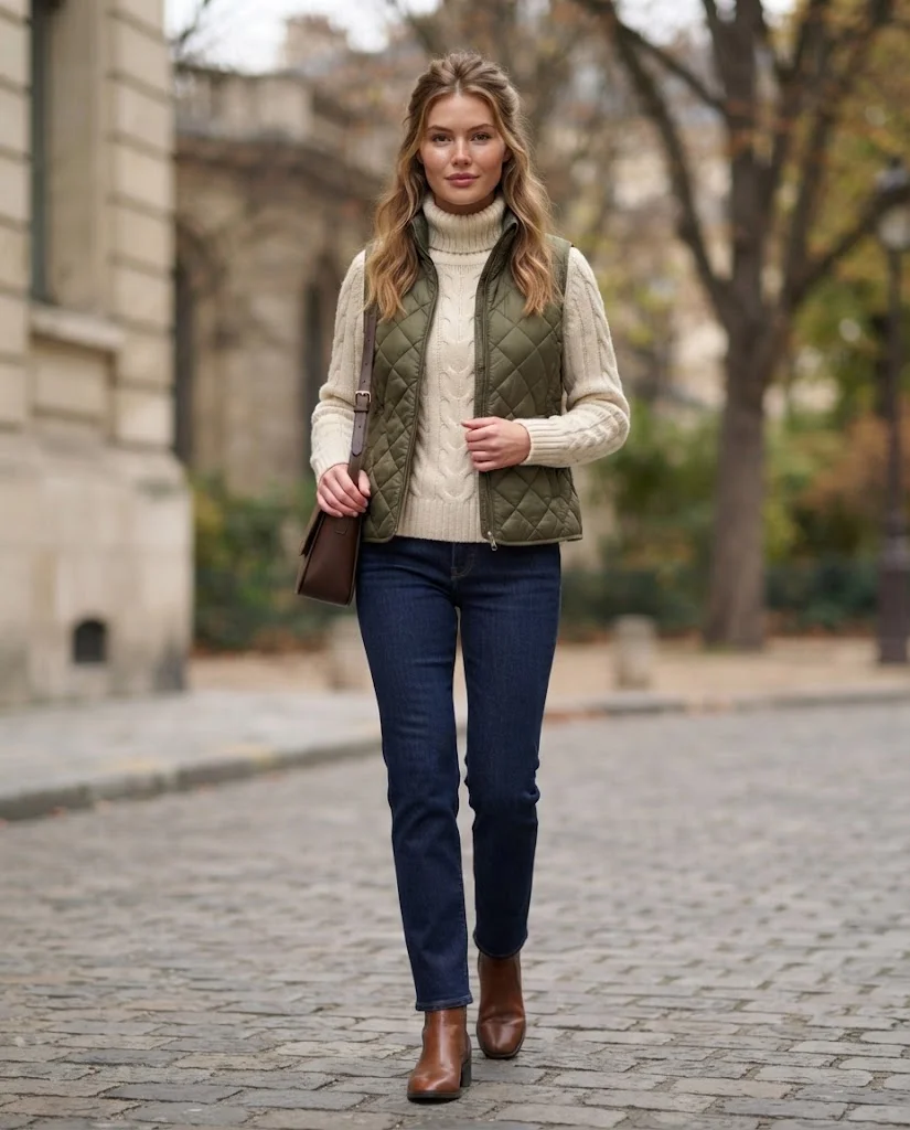 Women Wearing Quilted Vest With Knit Sweater and Jeans
