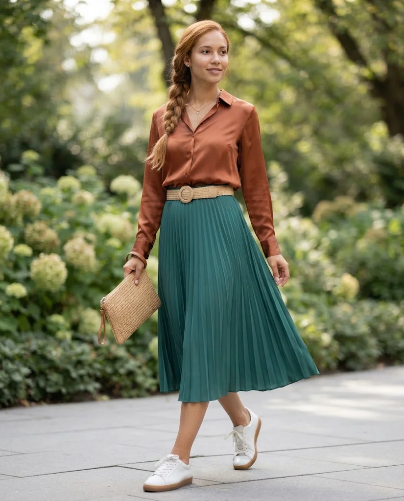 Old Money Outfits With Sneakers: 20+ Classy Outfit Ideas 22 Women Wearing a Rust Blouse and Teal Midi Skirt