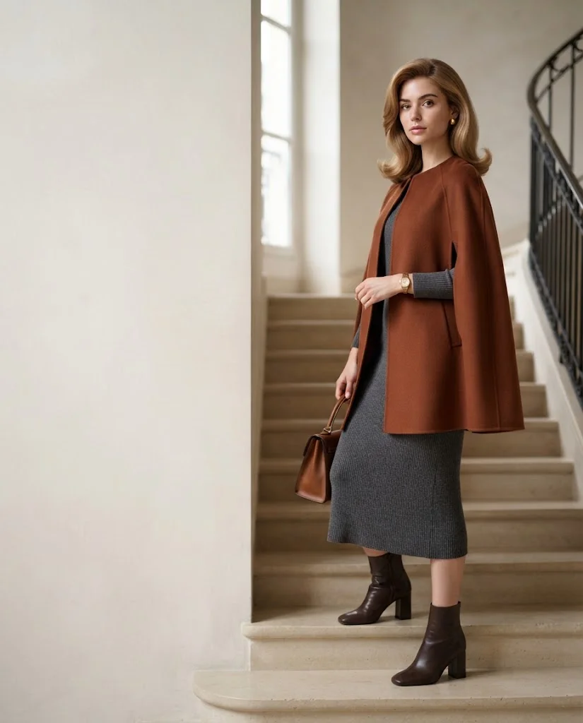 women wearing  Rust Cape With Charcoal Knit Dress