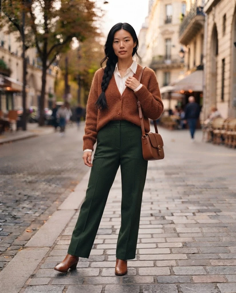 Women Wearing a Rust Cardigan and Dark Green Pants