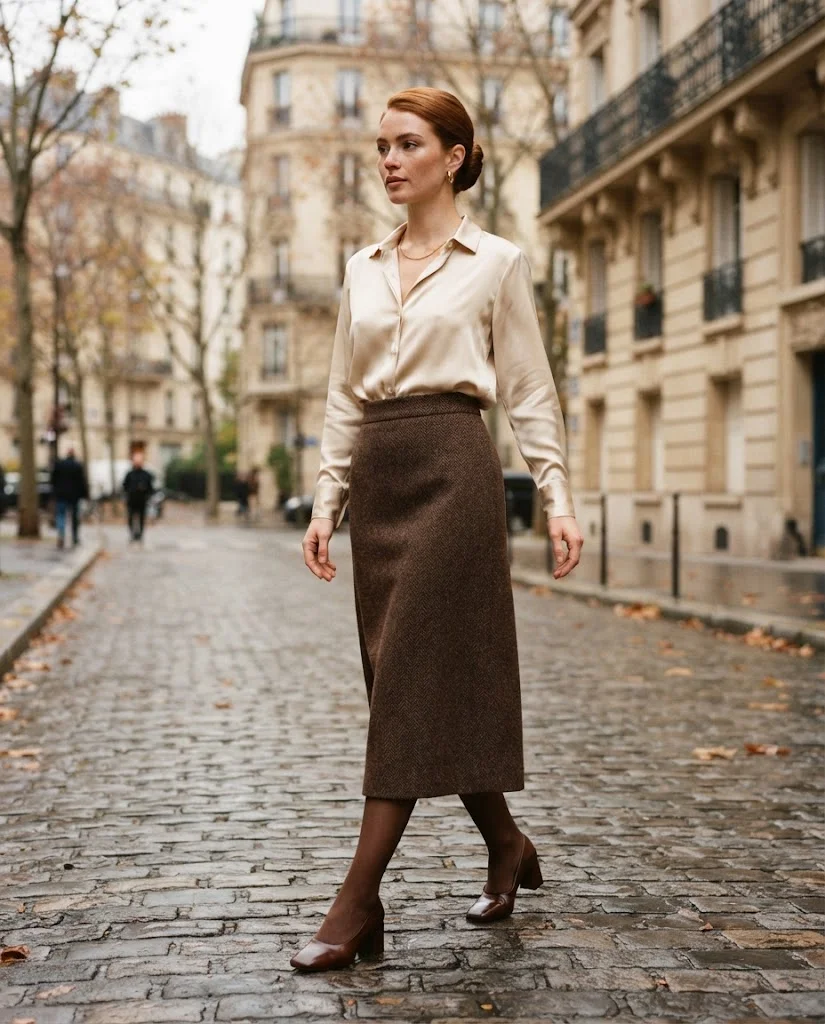 Women Wearing a Silk Blouse and Wool Skirt