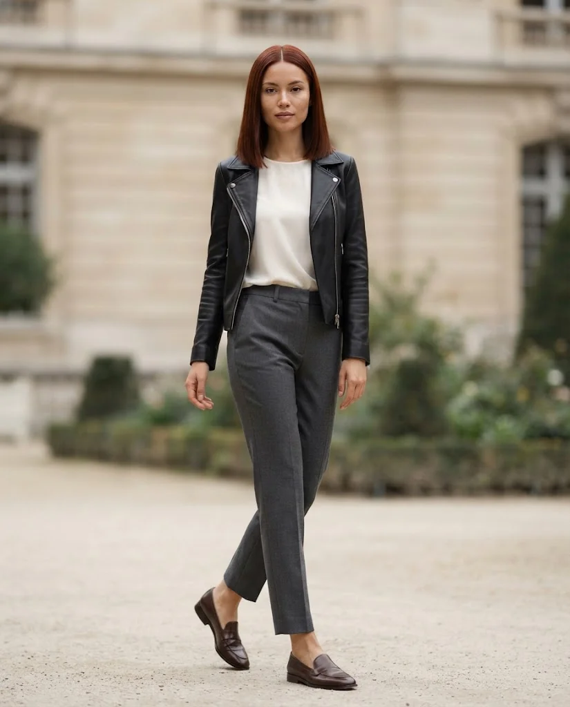 Women Wearing a Simple Blouses Under a Leather Jacket