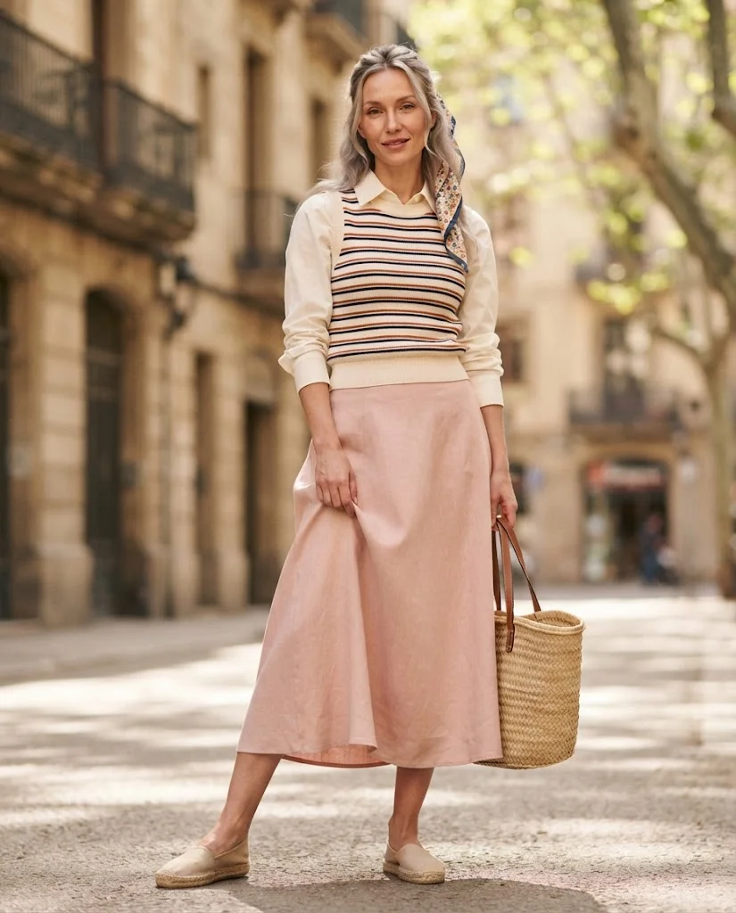 Old Money Outfits With Skirt: 20+ Elegant Outfit Ideas 17 Women Wearing a Striped Knit Vest and Blush Midi Skirt