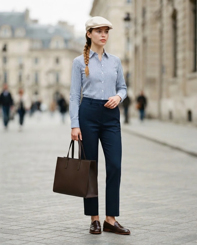women wearing Striped Shirt With Navy Trousers