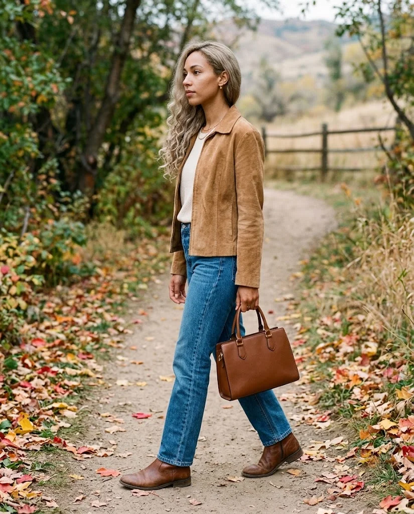 Old Money Outfits With Jeans: 20+ Polished Outfit Ideas 31 Women Wearing a Suede Jacket and Blue Jeans