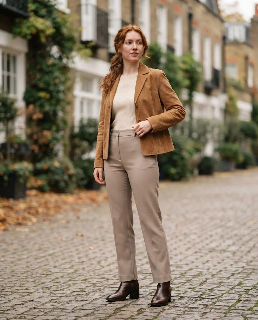 Women Wearing a Suede Jacket and Straight-Leg Pants