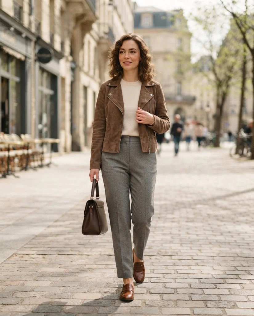Women Wearing a Suede-Look Brown Jacket With Tailored Neutral Pants