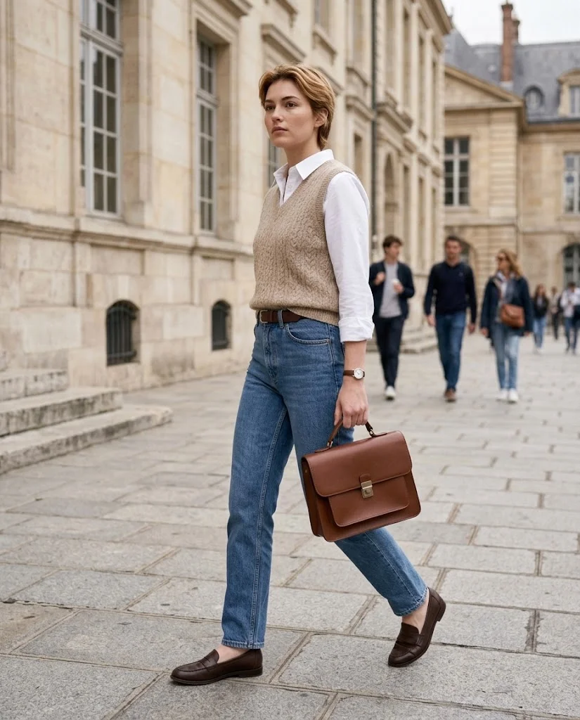 Old Money Outfits With Jeans: 20+ Polished Outfit Ideas 17 Women Wearing a Sweater Vest, White Shirt, and Jeans