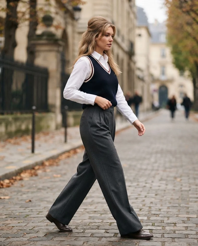Women Wearing a Sweater Vests With Old Money Pants 